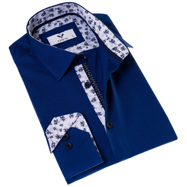 Navy Blue with Floral inside Slim Fit Designer Dress Shirt - tailored - ShopCelino Navy Blue with Floral inside Slim Fit Designer Dress Shirt - tailored - ShopCelino