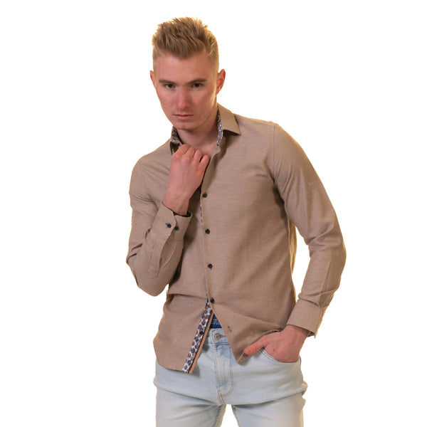 brown slim fit dress shirt Zylanna Men's Formal Dress Shirts, Long Sleeve Solid Button Business Turn Down Collar Shirts Brown Size L, Size: Large
