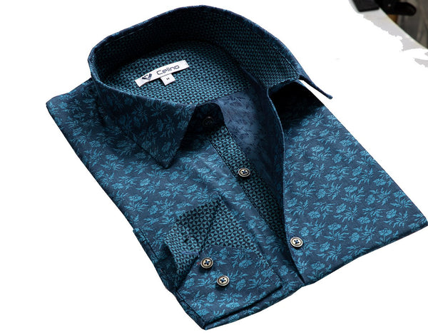 Blue Teal Floral Mens Slim Fit Designer Dress Shirt - tailored Cotton - ShopCelino Blue Teal Floral Mens Slim Fit Designer Dress Shirt - tailored Cotton - ShopCelino