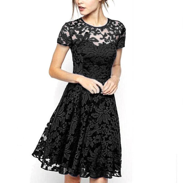 Celino Women Floral Lace Round Neck Short Sleeve Mini Skater Black Dre