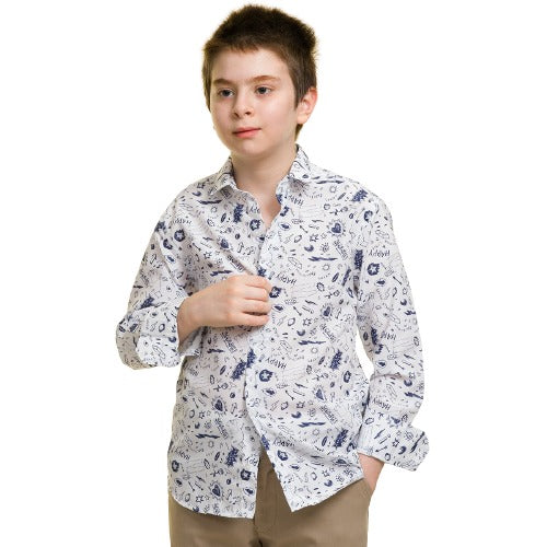 Light Grey Purple Texture Boys Floral Hawaiian Shirts - Tropical Long