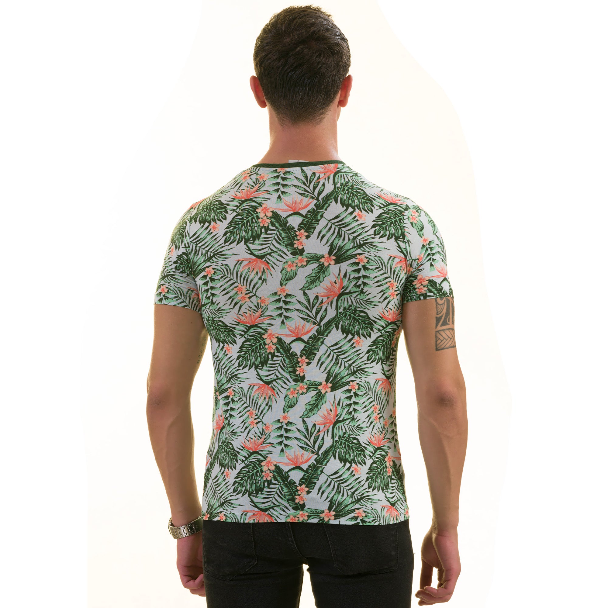 Peach Floral Green Leaves T- Shirt | European Made Premium Quality - Crew Neck Short Sleeve T-Shirts