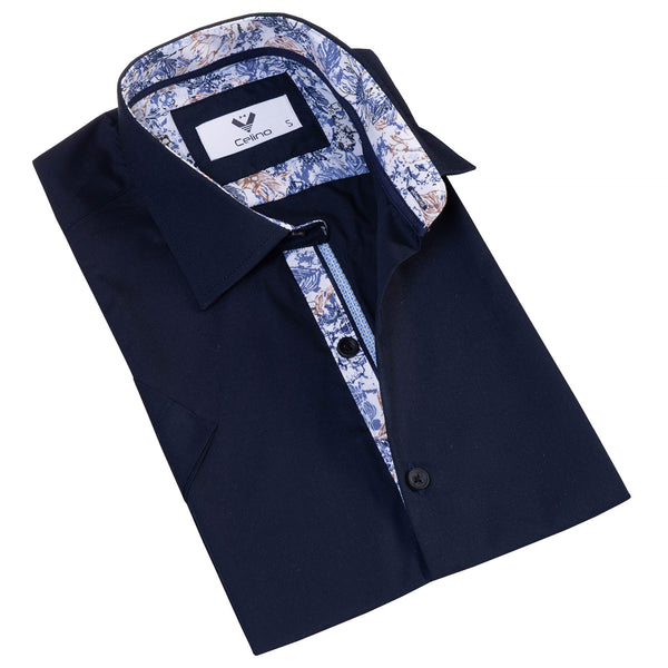 Navy inside Paisley Men's Short Sleeves Shirt- Tailored Slim Fit Cotto
