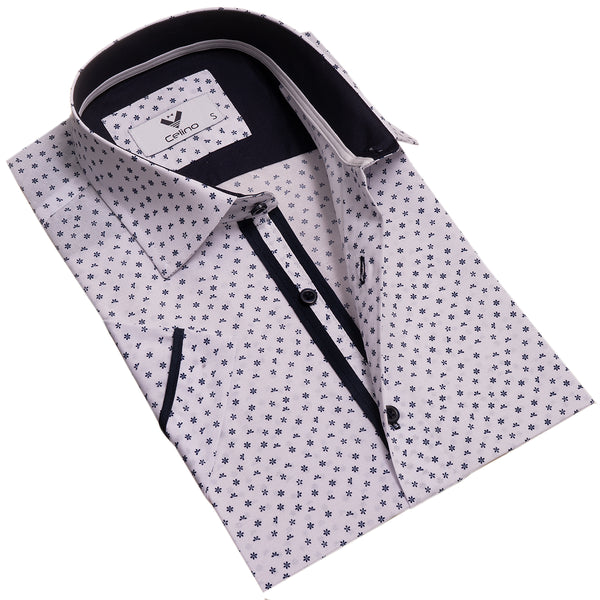 slim fit dress slacks White Doted Short Sleeve Button up Shirts for Men - Tailored Slim Fit