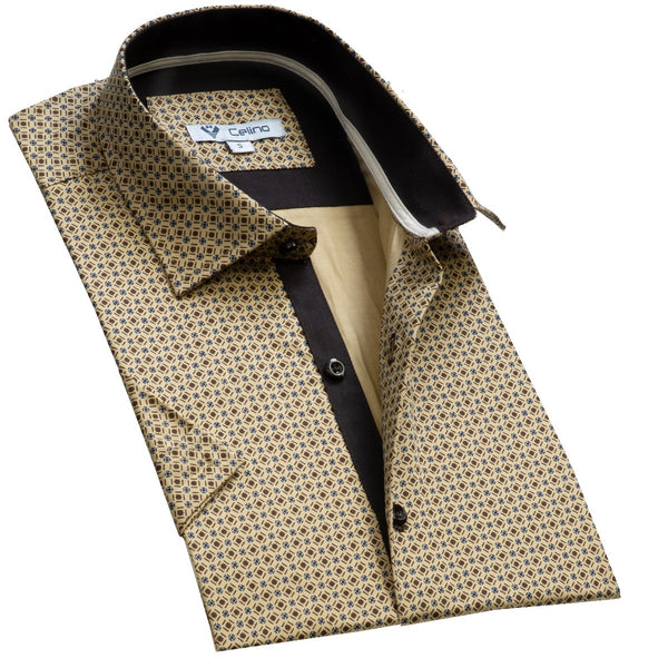 Tan Brown Check Short Sleeve Button up Shirts for Men - Tailored Slim - ShopCelino Tan Brown Check Short Sleeve Button up Shirts for Men - Tailored Slim - ShopCelino