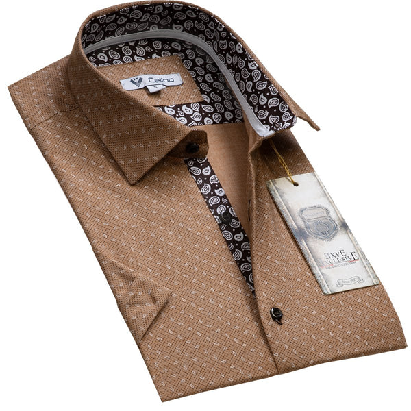 Light Brown Paisley Short Sleeve Button up Shirts for Men