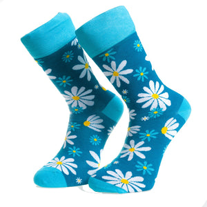 Blue With White Flowers-European Made - Egyptian Cotton Socks - Premium Cotton Fun socks with Soft Elastic
