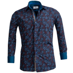 Blue Red Floral Mens Slim Fit Designer Dress Shirt - tailored Cotton Shirts for Work and Casual Wear
