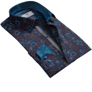 Blue Red Floral Mens Slim Fit Designer Dress Shirt - tailored Cotton Shirts for Work and Casual Wear