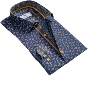 Blue Gold Paisley Mens Slim Fit Designer Dress Shirt - tailored Cotton Shirts for Work and Casual