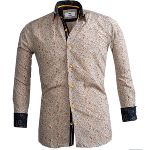 Beige Floral Mens Slim Fit Designer Dress Shirt - tailored Cotton Shirts for Work and Casual Wear