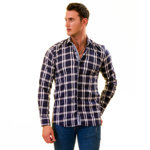 Blue White Checkered inside different Slim Fit Designer Dress Shirt - tailored Cotton Shirts for Work