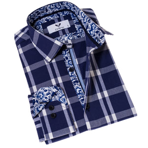 Blue White Checkered inside different Slim Fit Designer Dress Shirt - tailored Cotton Shirts for Work