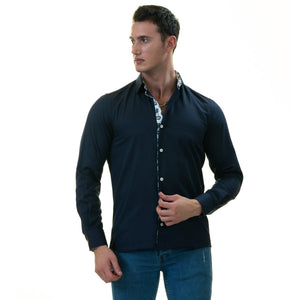 Navy with Blue White Paisley inside Slim Fit Designer Dress Shirt - tailored Cotton Shirts for Work