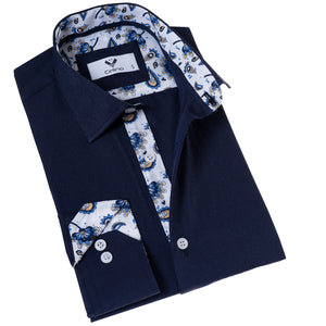 Navy with Blue White Paisley inside Slim Fit Designer Dress Shirt - tailored Cotton Shirts for Work