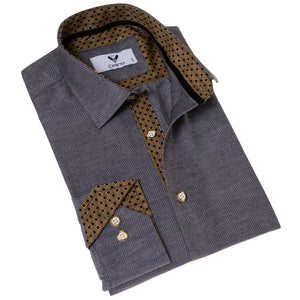 Gray Oxford with Golden Inside Slim Fit Designer Dress Shirt - tailored Cotton Shirts for Work