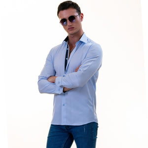 Light Blue with Printed inside Slim Fit Designer Dress Shirt - tailored Cotton Shirts for Work