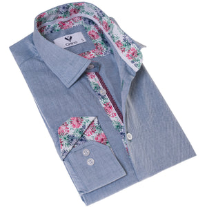 Blue with Floral inside  Slim Fit Designer Dress Shirt - tailored Cotton Shirts for Work