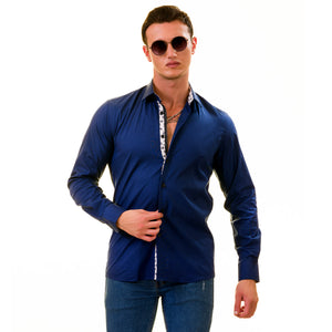 Navy Blue with Floral inside Slim Fit Designer Dress Shirt - tailored Cotton Shirts for Work
