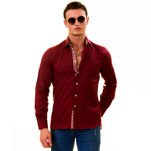 Dark Red with Checkered inside Slim Fit Designer Dress Shirt - tailored Cotton Shirts for Work