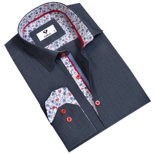 Dark Blue Multicolor Pattern Mens Slim Fit Designer Dress Shirt - tailored Cotton Shirts for Work
