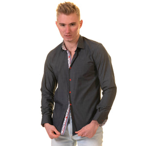 Dark Blue Multicolor Pattern Mens Slim Fit Designer Dress Shirt - tailored Cotton Shirts for Work