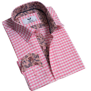 Pink Check Mens Slim Fit Designer Dress Shirt - tailored Cotton Shirts for Work