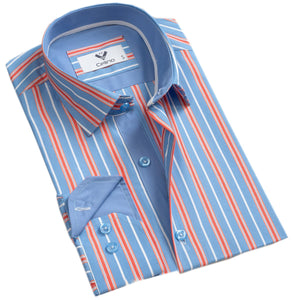 Blue Red Lines Mens Slim Fit Designer Dress Shirt - tailored Cotton Shirts for Work and Casual Wear