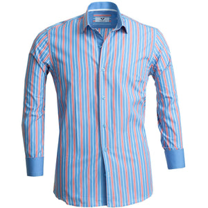 Blue Red Lines Mens Slim Fit Designer Dress Shirt - tailored Cotton Shirts for Work and Casual Wear