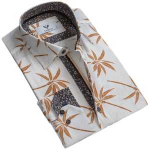 Beige Palm Trees Mens Slim Fit Designer Dress Shirt - tailored Cotton Shirts for Work and Casual