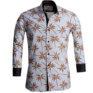 Beige Palm Trees Mens Slim Fit Designer Dress Shirt - tailored Cotton Shirts for Work and Casual