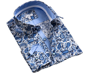 Cream Blue Paisley Mens Slim Fit Designer Dress Shirt - tailored Cotton Shirts for Work and Casual