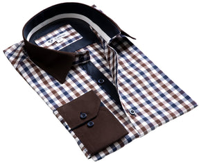 Brown + Blue Check Mens Slim Fit Designer Dress Shirt - tailored Cotton Shirts for Work and Casual