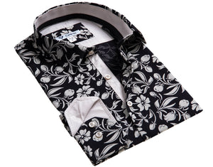 Black Cream Floral Mens Slim Fit Designer Dress Shirt - tailored Cotton Shirts for Work and Casual