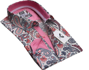 Black White & Red Floral Mens Slim Fit Designer Dress Shirt - tailored Cotton Shirts for Work and