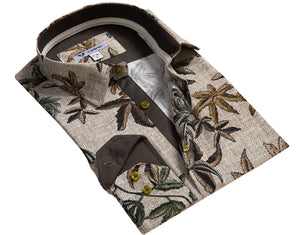 Beige Floral Mens Slim Fit Designer Dress Shirt - tailored Cotton Shirts for Work and Casual Wear