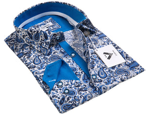 Blue Paisley Mens Slim Fit Designer Dress Shirt - tailored Cotton Shirts for Work and Casual Wear
