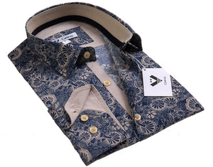 Blue Gold Paisley Mens Slim Fit Designer Dress Shirt - tailored Cotton Shirts for Work and Casual