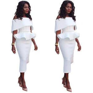 Womens Off Shoulder Peplum Bodycon Ruffle Cocktail Pencil Midi Dresses