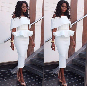 Womens Off Shoulder Peplum Bodycon Ruffle Cocktail Pencil Midi Dresses