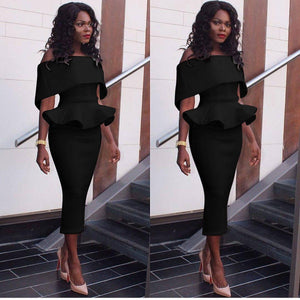 Womens Black Off Shoulder Peplum Bodycon Ruffle Cocktail Pencil Midi Dresses