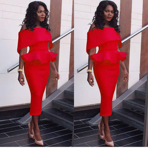 Womens Off Shoulder Peplum Bodycon Ruffle Cocktail Pencil Red Midi Dresses