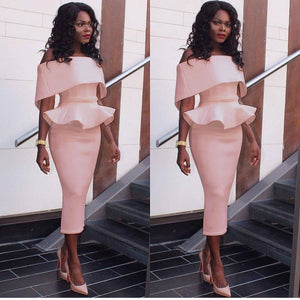 Womens Off Shoulder Peplum Bodycon Ruffle Cocktail Pencil Pink  Midi Dresses