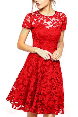 Celino Women Floral Lace Round Neck Short Sleeve Mini Skater Red Dresses