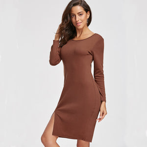 Celino Women's Casual Party Wear Round Neck Solid Brown Mini Dress