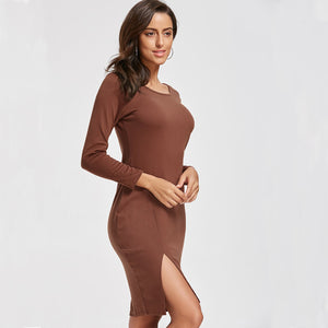 Celino Women's Casual Party Wear Round Neck Solid Brown Mini Dress