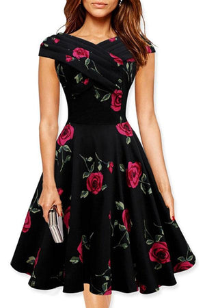 Celino Ladies Vintage Cap Sleeve Red Roses Floral Print Balck Midi Skater Dress