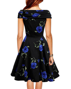 Celino Ladies Vintage Cap Sleeve Blue Roses Floral Print Black Skater Dress