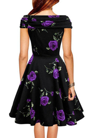 Celino Ladies Vintage Cap Sleeve Purple Roses Floral Print Black Skater Dress