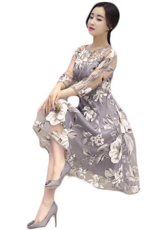 Celino Ladies Three Quarter Sleeve O Neck Floral Printed Gray Midi Dresses